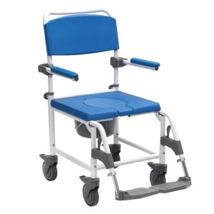 Chaise de douche à roulettes ASTON avec assise souple ouverte